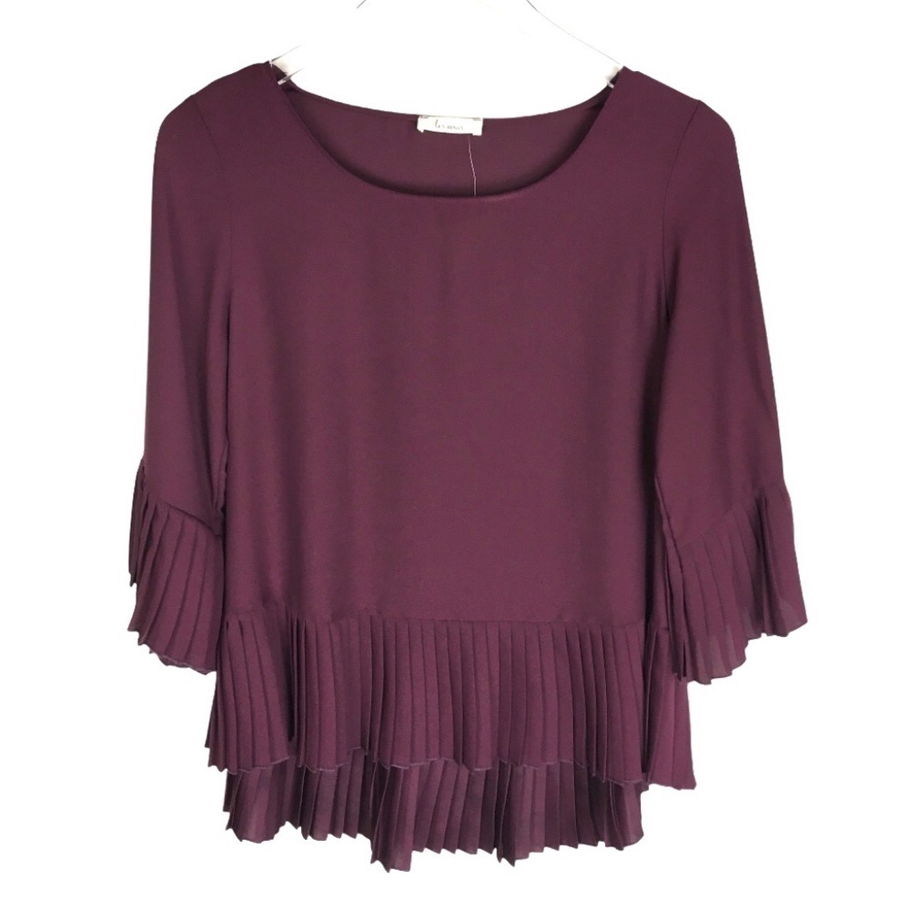 NEW Les Amis Burgundy Pleated Ruffle Hem‎ Blouse S